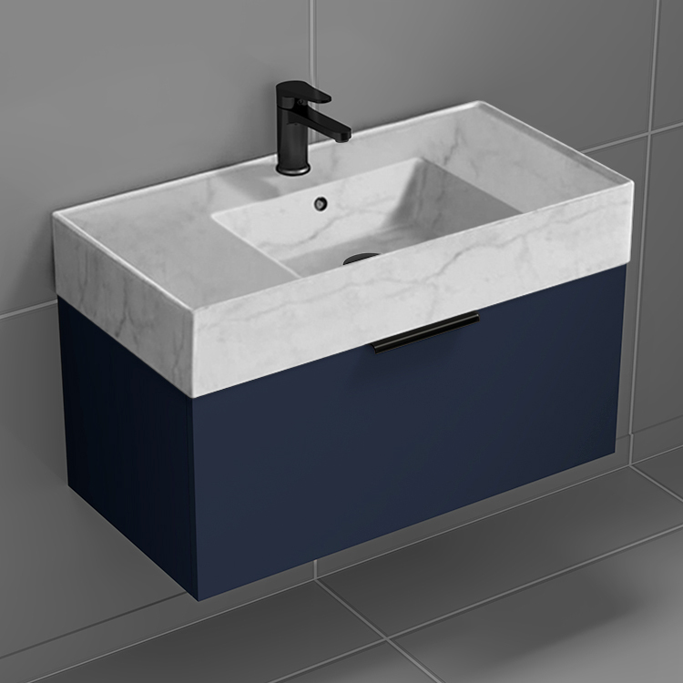 Nameeks DERIN766 Blue Bathroom Vanity With Marble Design Sink, Floating, 32 Inch